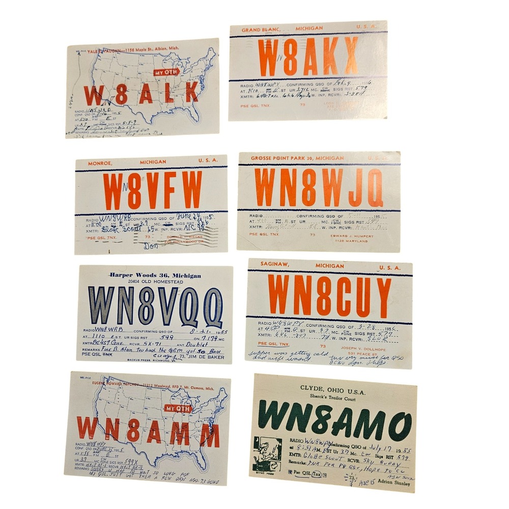Lot of 8 Vintage 1950s Michigan USA Ham‎ Amateur Radio QSL Cards Postcards